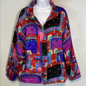 VNTG Mureli 100% Silk Vibrant Purple and Red Bomber Jacket with Artistic Flair